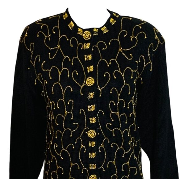 Victoria Harbour Petite PM Black Cardigan Sweater Gold Bead Embroidery Buttons - Picture 5 of 9